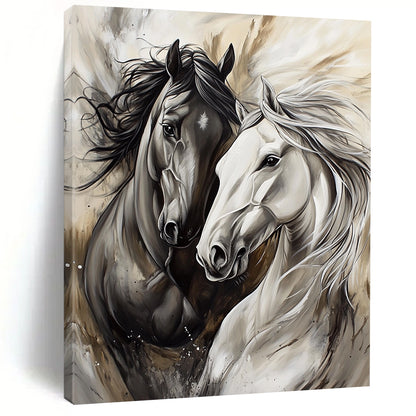 Contemporary abstract artwork featuring two horses playing in silver and gray tones with expressive brushstrokes and flowing fur details. DLZ1662