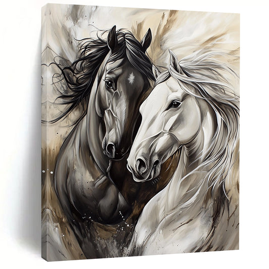 Contemporary abstract artwork featuring two horses playing in silver and gray tones with expressive brushstrokes and flowing fur details. DLZ1662