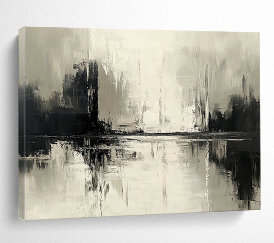 “Monochrome Reflective Abstract” - Black, White, Reflective Cityscape Painting On Canvas HB0893