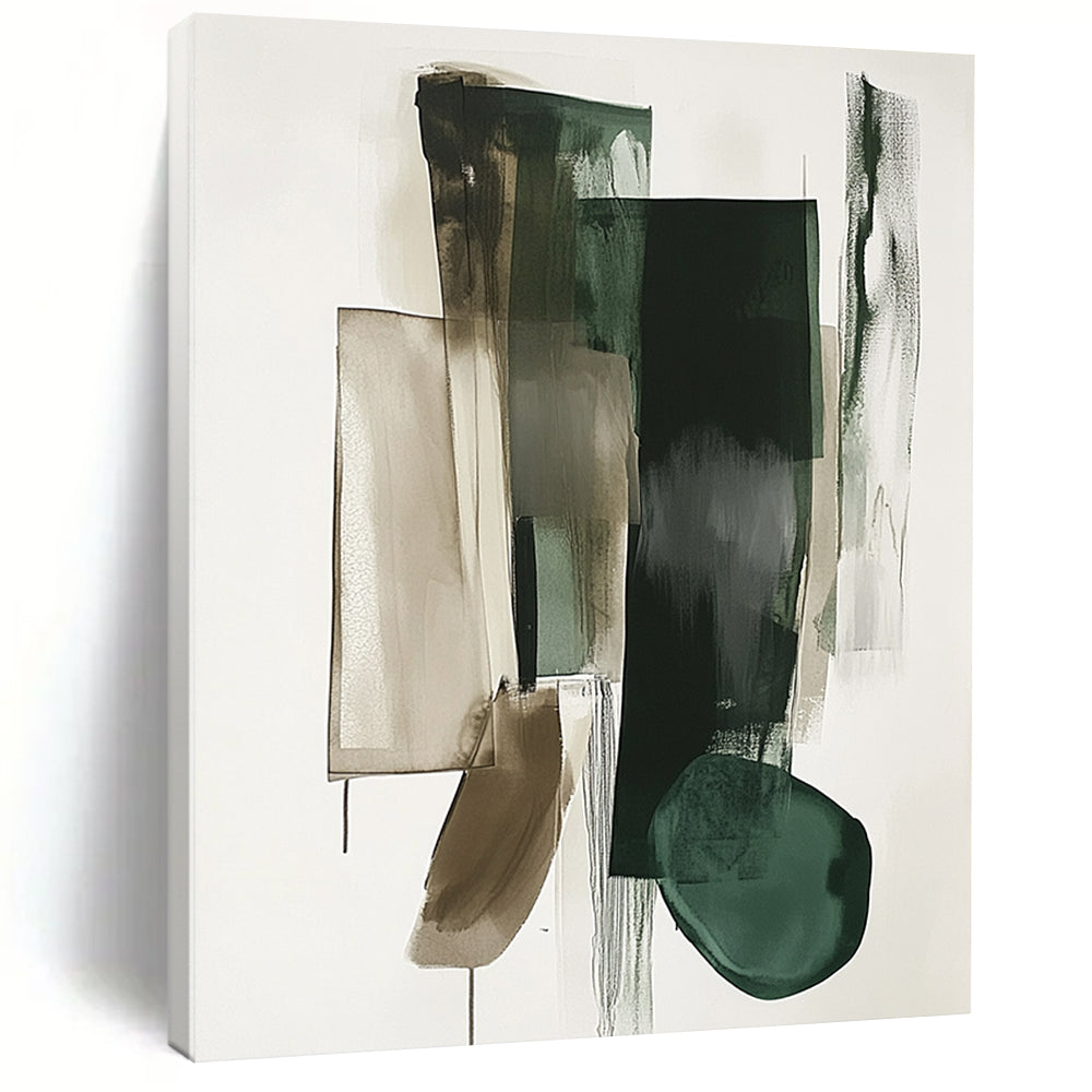 Abstract contemporary hand-painted artwork showcases geometric shapes in green and gray on a white background with a striking vertical line dividing the composition. DLZ0873