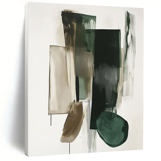 Abstract contemporary hand-painted artwork showcases geometric shapes in green and gray on a white background with a striking vertical line dividing the composition. DLZ0873