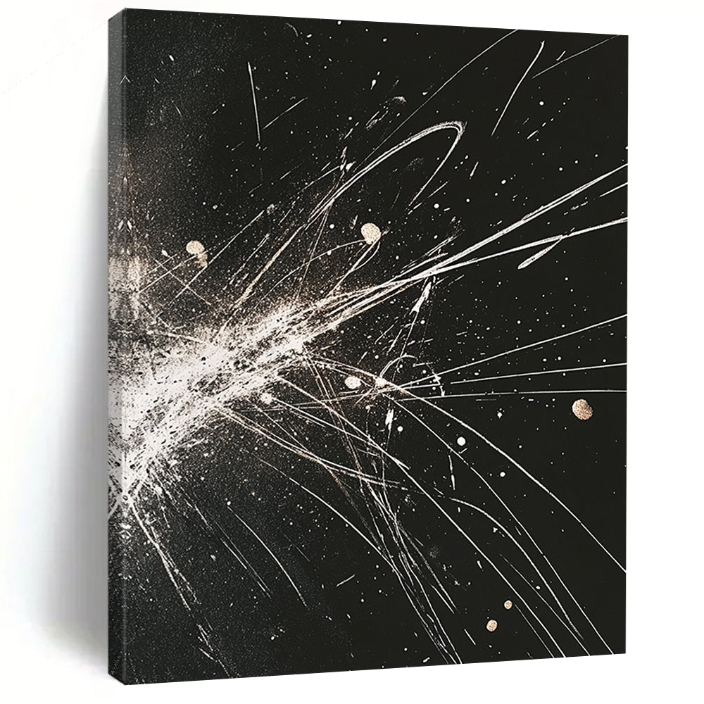 Black, White, Gold, Explosive Lines "Celestial Fireworks" Abstract Expressionist Painting On Canvas HB083