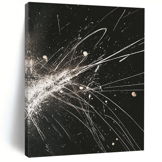Black, White, Gold, Explosive Lines "Celestial Fireworks" Abstract Expressionist Painting On Canvas HB083