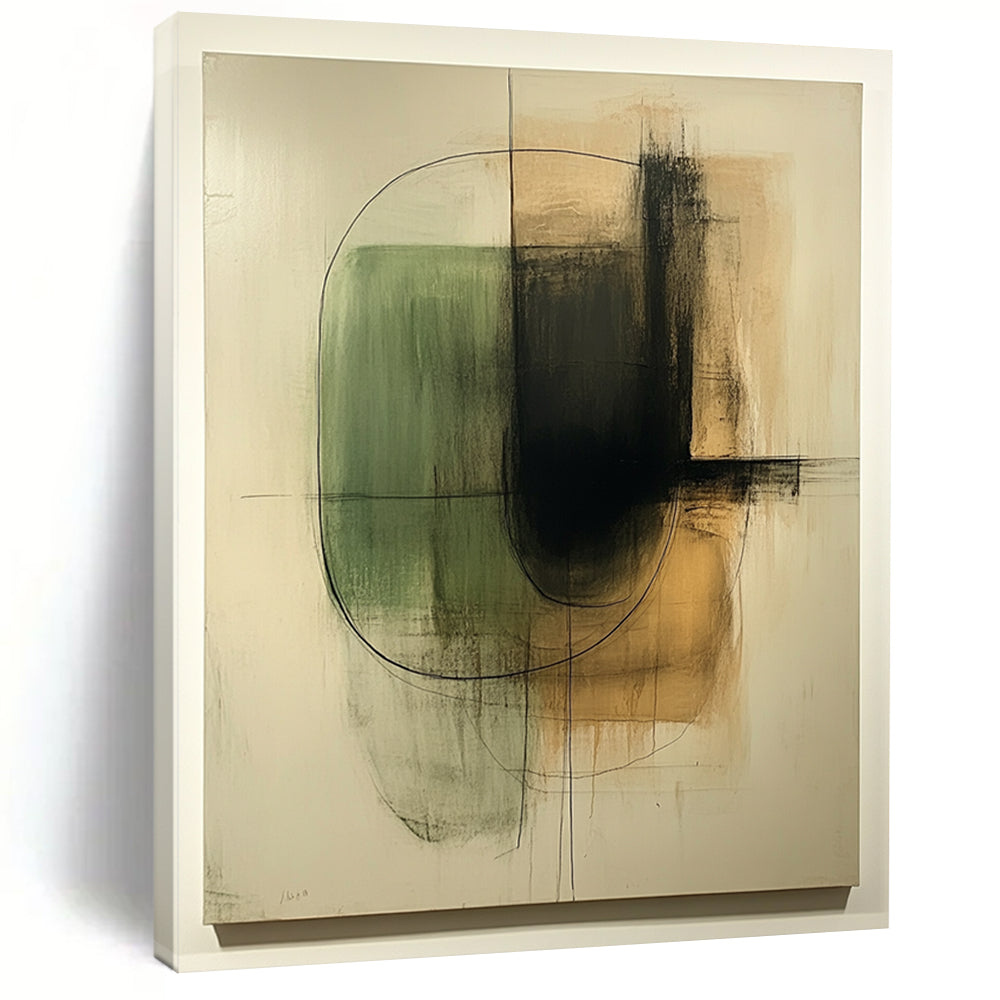 Contemporary hand-painted abstract art featuring organic shapes in green and beige on a textured white canvas with thin black lines and earth tones. DLZ1582