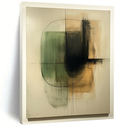 Contemporary hand-painted abstract art featuring organic shapes in green and beige on a textured white canvas with thin black lines and earth tones. DLZ1582