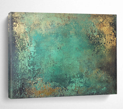 “Teal - Gold Textured Canvas” - Vibrant teal with gold accents, Textural Abstract Painting On Canvas HB0550
