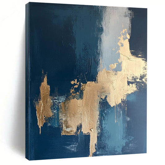 Contemporary hand-painted abstract art features intricate textures with gold leaf accents on a rich dark blue canvas. DLZ0331