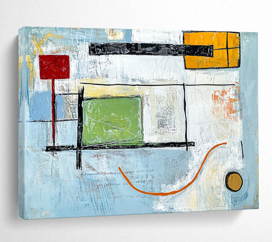 “Geometric Calm” - Blue, green, yellow, red, black; Clean geometric shapes on soft blue; Minimalist Abstract Oil Painting On Canvas HB1169