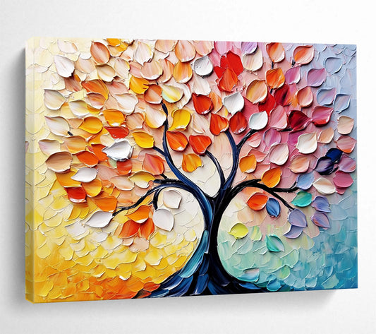 “Colorful Autumn Tree with Textured Leaves” - Yellow, Orange, Red, Pink, Colorful Leaf Textures - Palette Knife Acrylic Painting HB1637