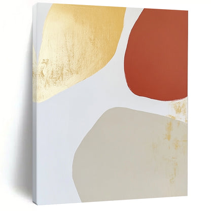 Contemporary abstract art features warm tones with an irregular oval shape, minimalist brushstrokes, and gold leafing on a light gray background. DLZ1518