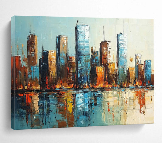 “Cityscape Reflections” - Blues, Browns, Oranges, Urban Skyline - Impressionist Oil Painting HB1591