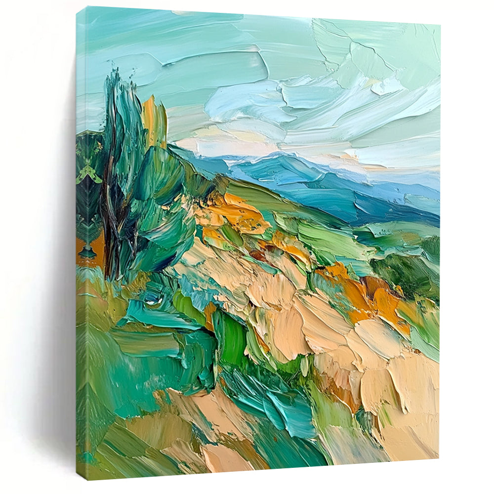 Contemporary abstract oil painting featuring impasto textures and vibrant sea green and blue hues of mountains, hills, and trees. DLZ1566