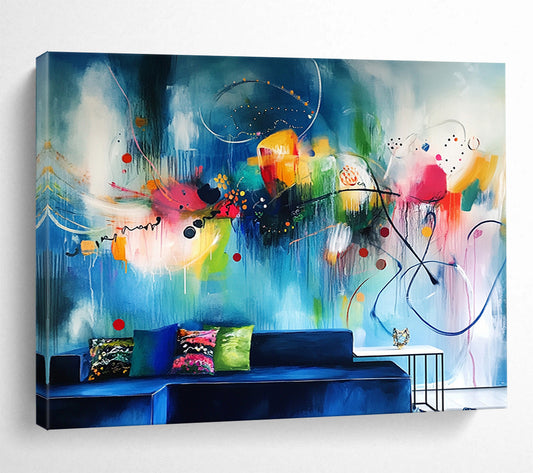 “Vibrant Abstract Wall Mural - Inspired Living Room Art” - Blue, Colorful, Abstract Large - scale Painting On Canvas HB1091