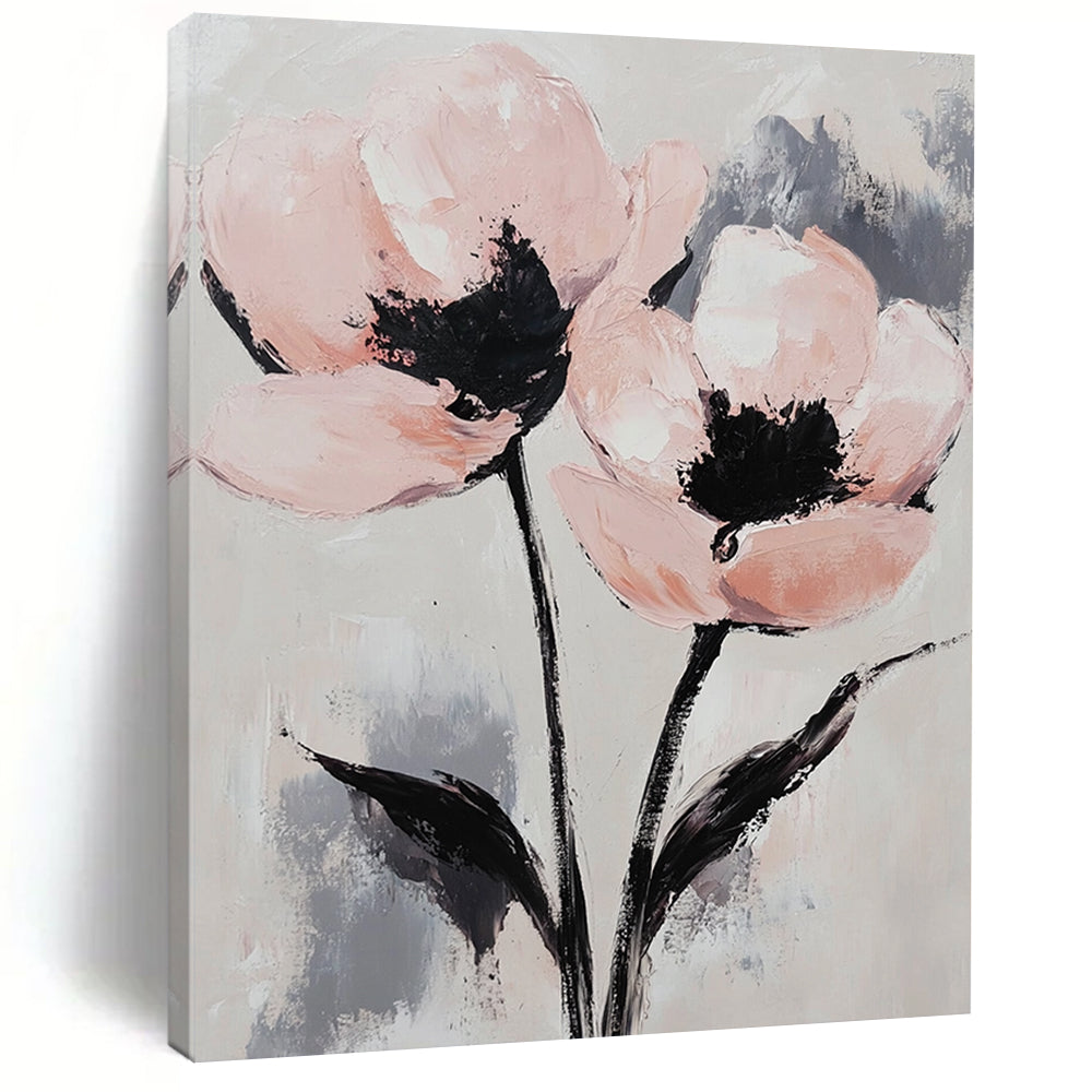 Contemporary abstract painting featuring elegant pink and gray flowers with long stems on a textured canvas background, exuding tranquility and intricate detail. DLZ1685