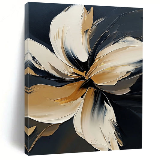 Contemporary abstract floral painting in bold white on black, featuring elegant detailing and atmospheric brushstrokes with golden highlights in high resolution. DLZ0826