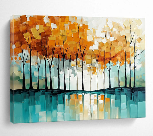 “Autumn Tree Reflection” - Orange - yellow trees, teal reflection, Abstract Landscape Painting On Canvas HB0566