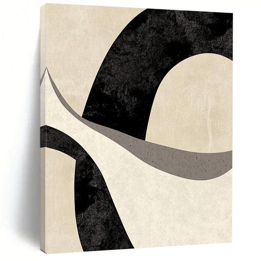 Contemporary abstract art featuring a fluid black and white "F" design on a beige background, evoking movement and a dreamy atmosphere. DLZ1221
