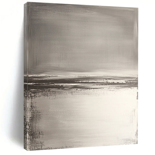 Contemporary hand-painted abstract artwork features neutral tones with gray and white, textured water reflections, and soft brush strokes for a serene beach landscape. DLZ0390