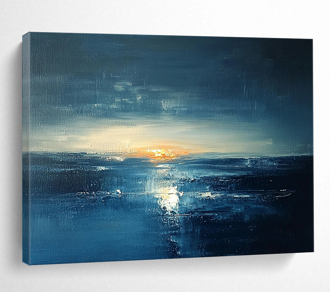 “Dark Blue Sunset Seascape” - Dark Blue, Orange, White, Dramatic Seascape Painting On Canvas HB1012