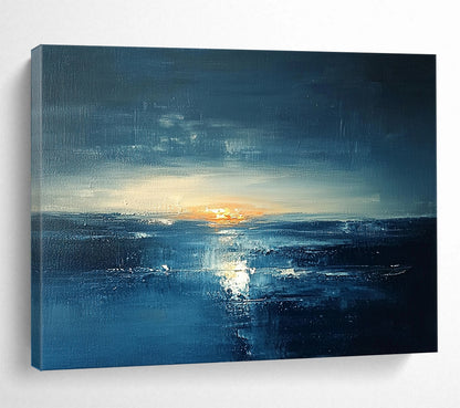 “Dark Blue Sunset Seascape” - Dark Blue, Orange, White, Dramatic Seascape Painting On Canvas HB1012