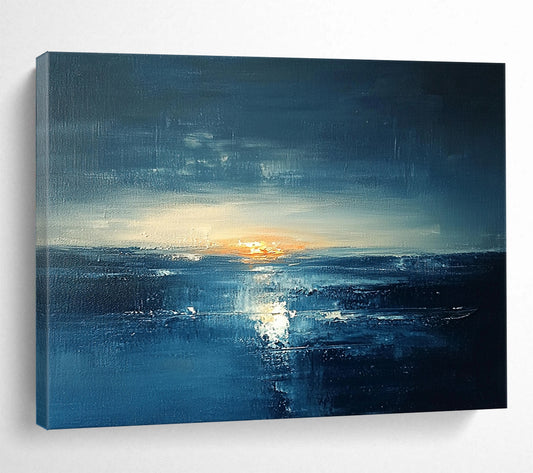 “Dark Blue Sunset Seascape” - Dark Blue, Orange, White, Dramatic Seascape Painting On Canvas HB1012