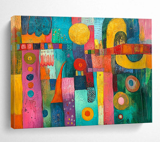 “Vibrant Colorful Mosaic” - Pink, Blue, Yellow, Mixed Patterns - Folk - Inspired Acrylic Painting HB1521