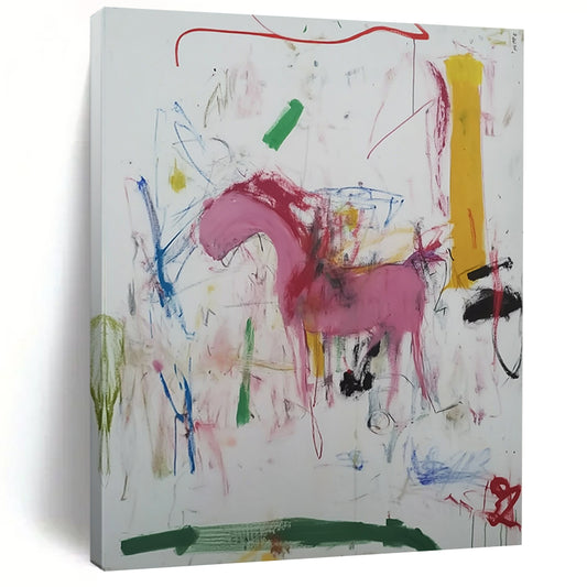 Contemporary abstract artwork featuring vibrant marker scribbles a pink horse a green river a yellow tower and a red arrow accentuating the composition. DLZ1011