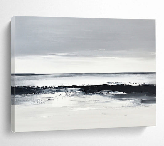 “Monochrome Sea Horizon” - Blacks, Whites, Grays, Sea Landscape - Minimalist Oil Painting HB1588