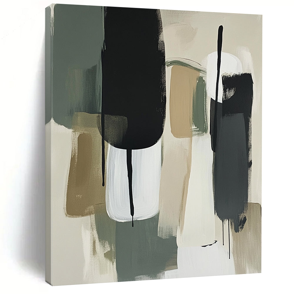 Contemporary hand-painted abstract artwork featuring thick brush strokes in sage green and white with neutral tones and striking black accents. DLZ0775