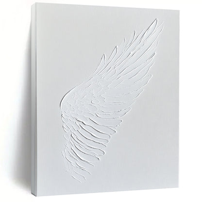 Contemporary abstract art featuring a white wing embossed in acrylic paint on a pristine canvas, showcasing minimalistic elegance and sophistication. DLZ1756