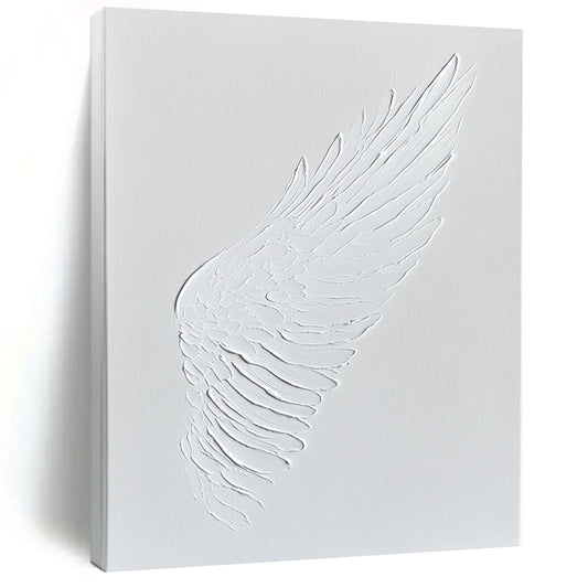 Contemporary abstract art featuring a white wing embossed in acrylic paint on a pristine canvas, showcasing minimalistic elegance and sophistication. DLZ1756