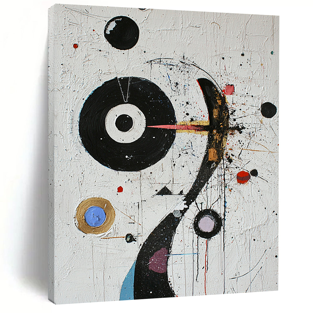 White, Black, Colorful Circles "Cosmic Carnival" Abstract Modernist Painting On Canvas HB087
