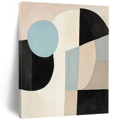 Contemporary abstract painting featuring large black white and beige shapes with a blue circle on a light pink background in soft minimalist style. DLZ1040