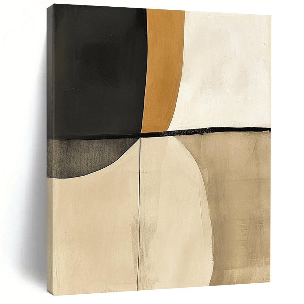Contemporary hand-painted abstract artwork featuring beige and white tones with striking black accents resembling elegant shapes inspired by shoulder pads. DLZ1258