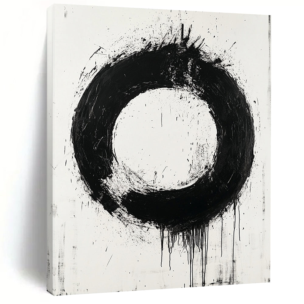 Black, White, Bold Circular Stroke "Zen Enso" Abstract Minimalist Painting On Canvas HB044