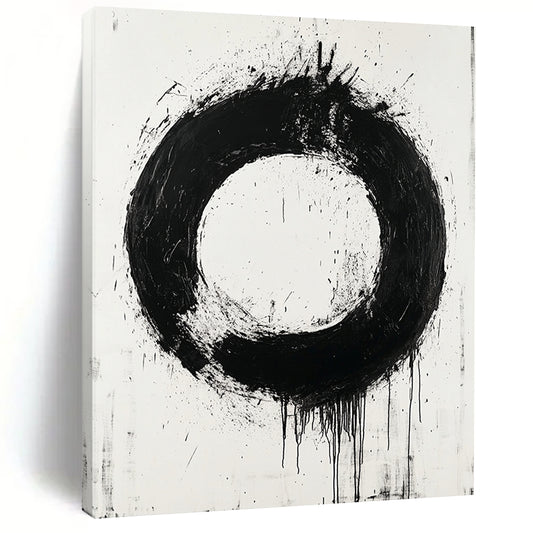Black, White, Bold Circular Stroke "Zen Enso" Abstract Minimalist Painting On Canvas HB044