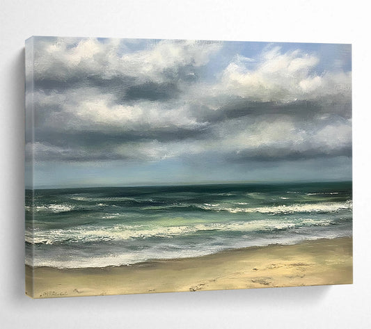 Green, Blue, Gray and Beige Cloudy Seaside "Calm Coast" Painting On Canvas HB0671