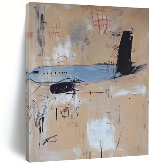 Contemporary hand-painted abstract artwork featuring an airplane with light blue beige and tan tones accented by black lines and minimalistic details. DLZ0571