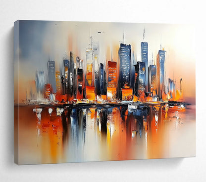 Colorful Cityscape with Reflections "Urban Glow" Painting On Canvas HB0664