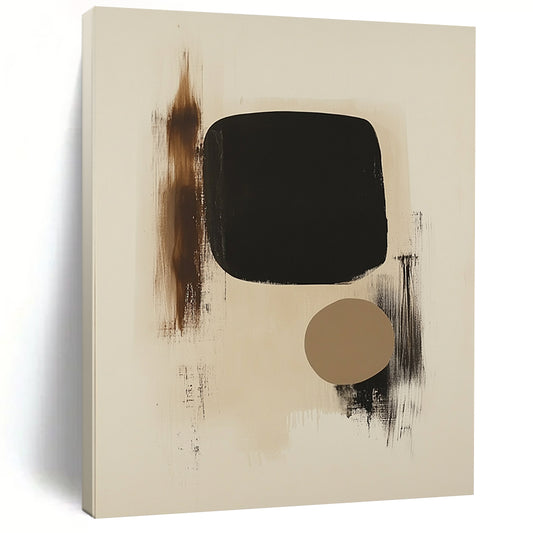 Large contemporary hand-painted abstract art featuring black shapes on beige background with a small brown form and organic brushstroke textures. DLZ1331