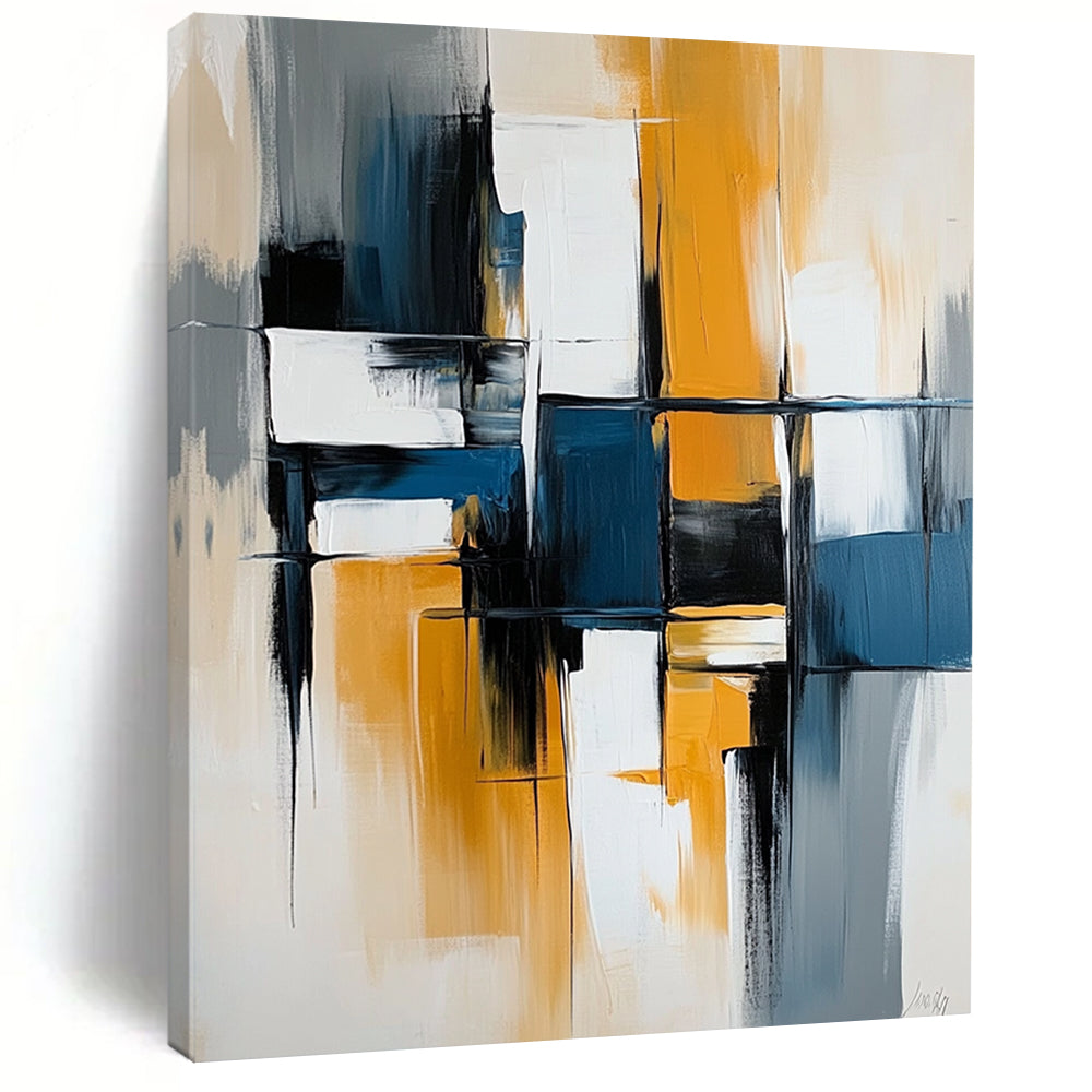 Contemporary hand-painted abstract artwork with bold lines and vibrant blocks of blue, white, gray, and yellow on canvas. DLZ0753