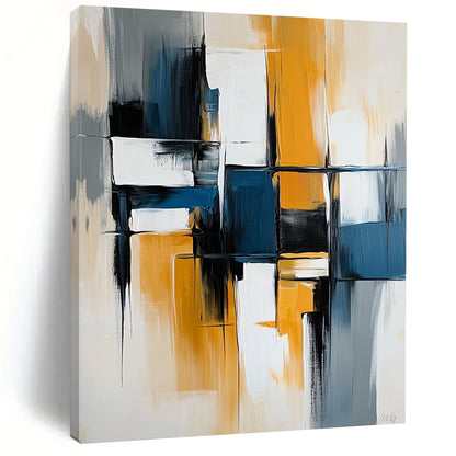 Contemporary hand-painted abstract artwork with bold lines and vibrant blocks of blue, white, gray, and yellow on canvas. DLZ0753