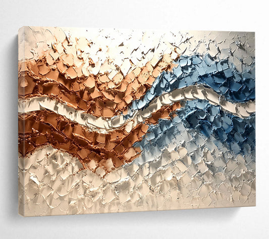 “Textured Copper - Blue Waves” - Copper, Blue, White, 3D Wave - Patterned Abstract Painting On Canvas HB0979
