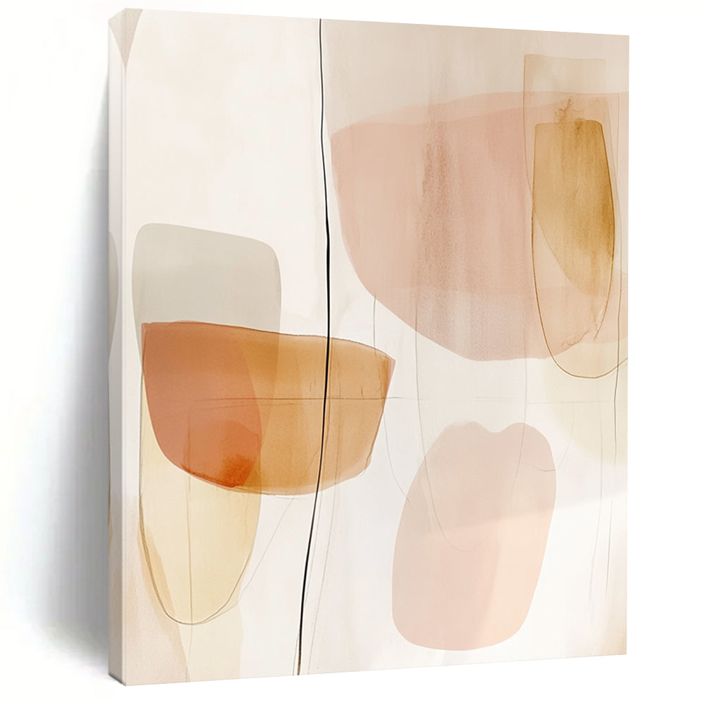 Contemporary hand-painted abstract art featuring peach and neutral tones with simple shapes and subtle watercolor textures for a serene aesthetic. DLZ1689
