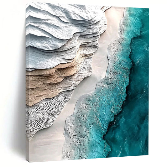 Contemporary hand-painted abstract art capturing serene white sand and turquoise water in a hyper-realistic aerial view. Ideal for modern decor. DLZ0280