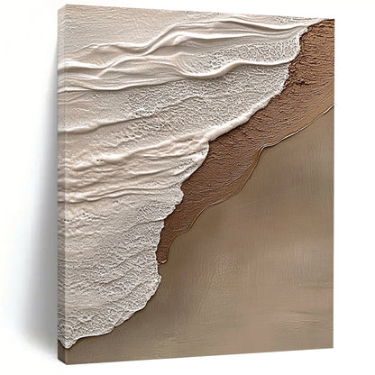 Contemporary hand-painted abstract art features beige and gray tones, evoking tranquility and harmony with a natural beach scene in the background. DLZ1212