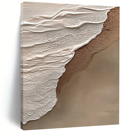 Contemporary hand-painted abstract art features beige and gray tones, evoking tranquility and harmony with a natural beach scene in the background. DLZ1212