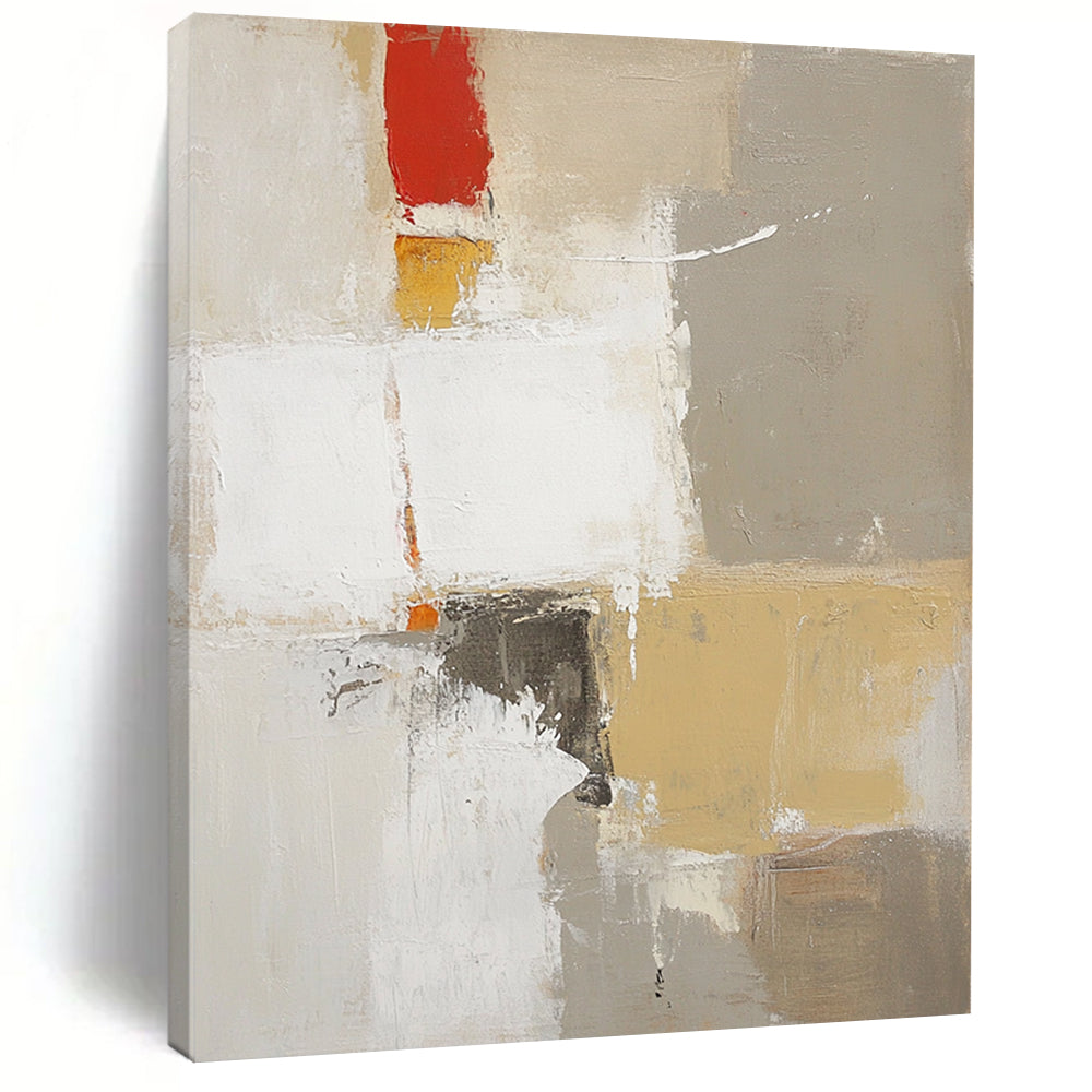 Large contemporary abstract artwork featuring textured layers in white with red and yellow accents and soft brush strokes. DLZ0919