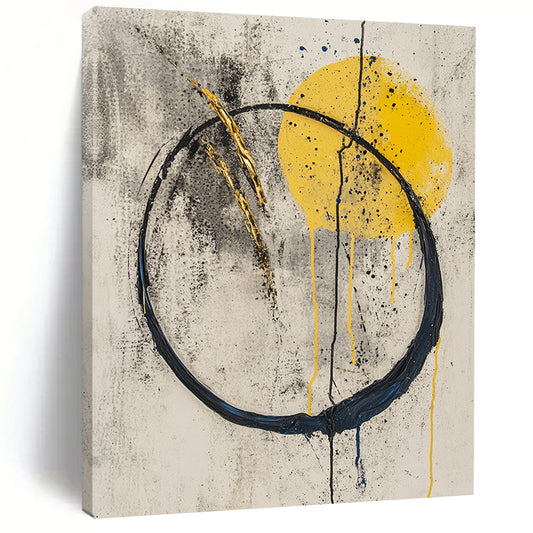 Gray, Yellow, Black, Gold, Circular Motifs "Sunrise Enso" Abstract Zen - Inspired Painting On Canvas HB057