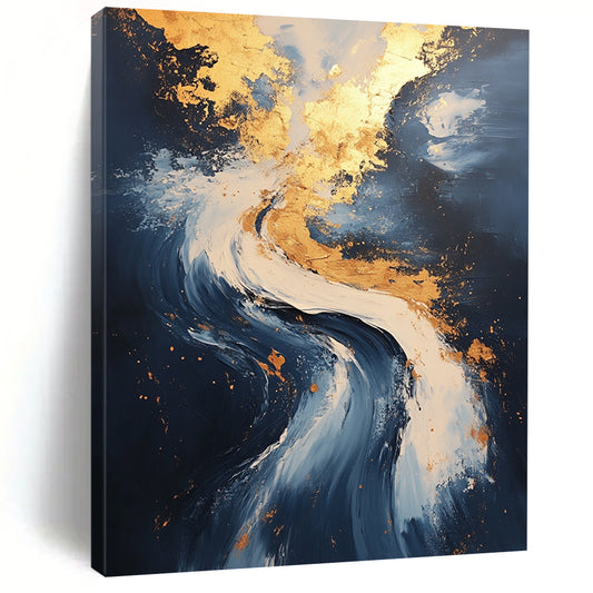 Contemporary abstract painting showcases flowing water and serene clouds with gold leafing and ultra-detailed textures for a captivating experience. DLZ0332